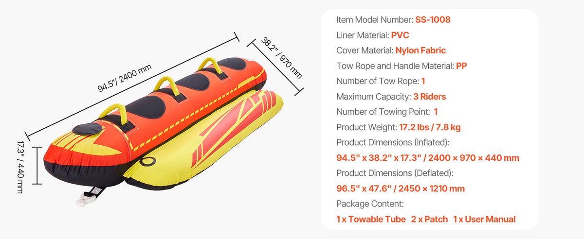 SucceBuy Towable Tubes for Boating 1-3Rider Inflatable Boat Tubes and Towables 510lbs Capacity Hot Dog Water Sport Tube for Boat