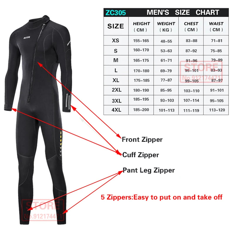3MM Neoprene Wetsuit Front Zipper Men Kite Surf Diving Suit Women Kayak Swim Scuba Diving and Snorkeling Spearfishing Wetsuits