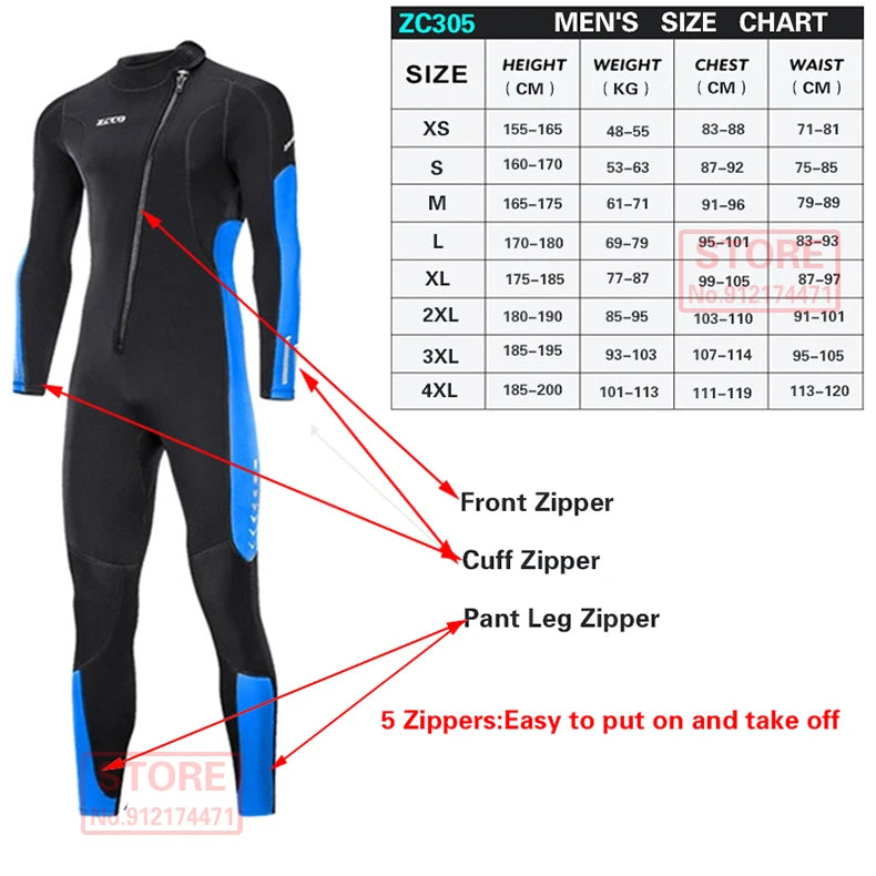 3MM Neoprene Wetsuit Front Zipper Men Kite Surf Diving Suit Women Kayak Swim Scuba Diving and Snorkeling Spearfishing Wetsuits