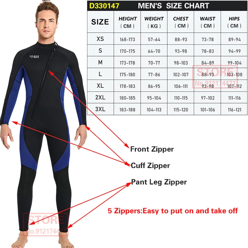 3MM Neoprene Wetsuit Front Zipper Men Kite Surf Diving Suit Women Kayak Swim Scuba Diving and Snorkeling Spearfishing Wetsuits