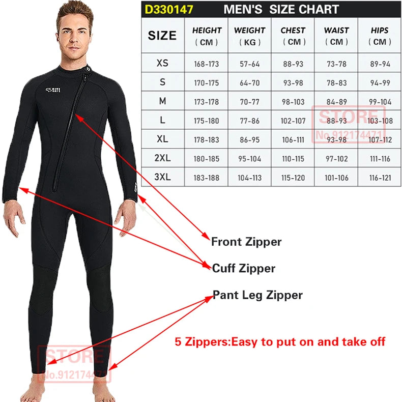3MM Neoprene Wetsuit Front Zipper Men Kite Surf Diving Suit Women Kayak Swim Scuba Diving and Snorkeling Spearfishing Wetsuits