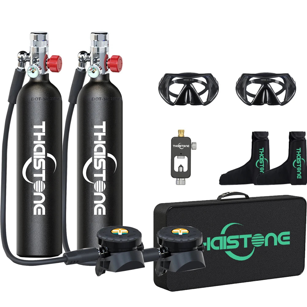 2PCS 1L Scuba Diving Tank Underwater Professional Oxygen Cylinder for Snorkeling 15-25 Minutes, 2 Diving Masks ,1 Scuba Adapter