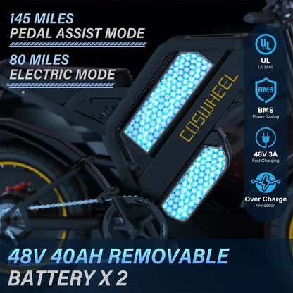 Coswheel Electric bike 3000W GT20 PRO Off Road Electric Motorcycle 48V 40AH Dual Motor Dual Battery Mountain bike Fat Tire Ebike