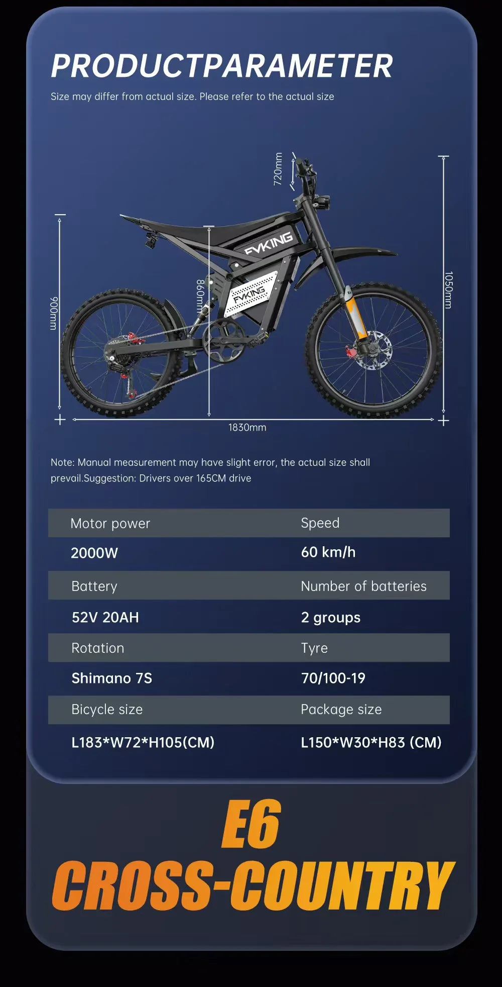 E6 Adult Electric Bicycle 2000w 52V 40ah Mountain Electric Bike 25 Inch Tire Outdoor Entertainment Off Road E Bike