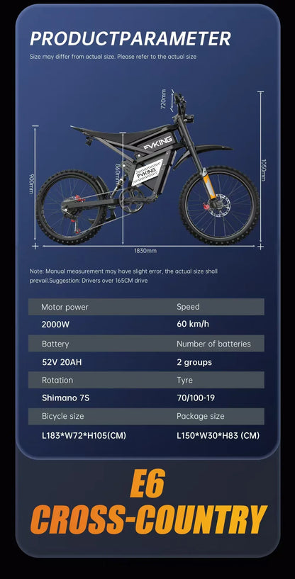 E6 Adult Electric Bicycle 2000w 52V 40ah Mountain Electric Bike 25 Inch Tire Outdoor Entertainment Off Road E Bike