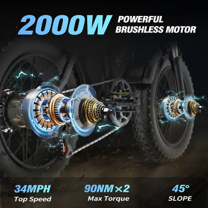 Q20Pro Electric bike High-Power Dual Motors 2000W Dual Batteries40AH, Top Speed 60KM/H, PAS Mode, 20*4.0 Fat Tire Electric bike