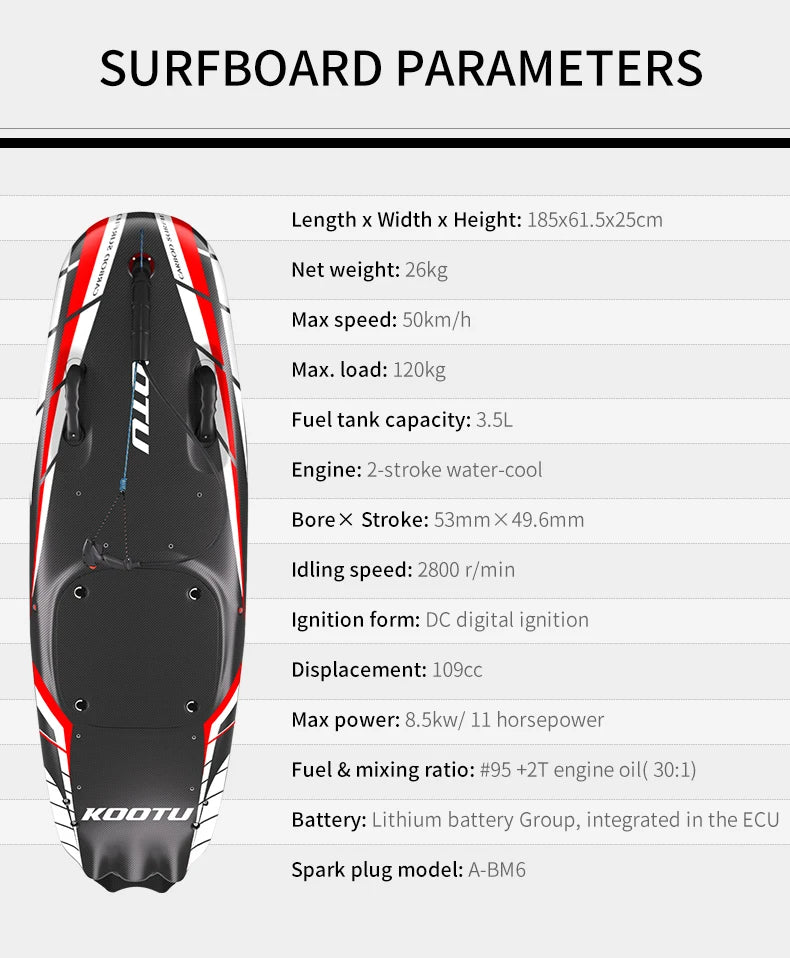 KOOTU Jet Surfboard Fuel-powered surfb Engine 109cc Lightweight Carbon Fiber Surfboard Electric Surfing High Speed Power Surfing