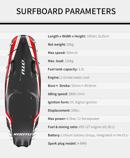 KOOTU Jet Surfboard Fuel-powered surfb Engine 109cc Lightweight Carbon Fiber Surfboard Electric Surfing High Speed Power Surfing