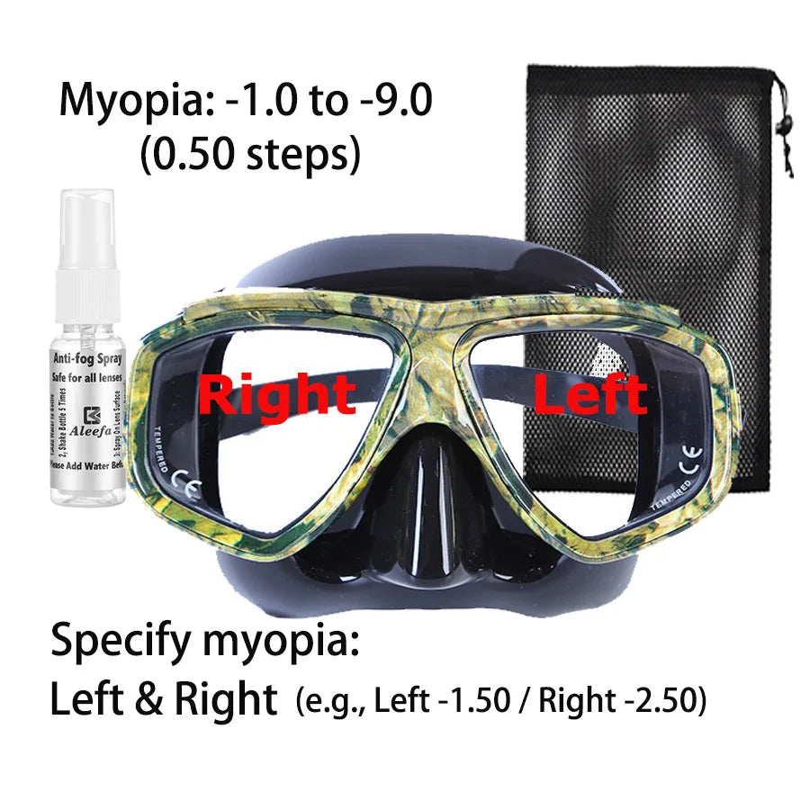 Customize Myopia Diving Mask Snakeskin Anti Fog for Spearfishing Gear Swimming Masks Googles Nearsighted Lenses Short-sighted