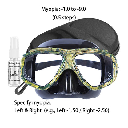 Customize Myopia Diving Mask Snakeskin Anti Fog for Spearfishing Gear Swimming Masks Googles Nearsighted Lenses Short-sighted