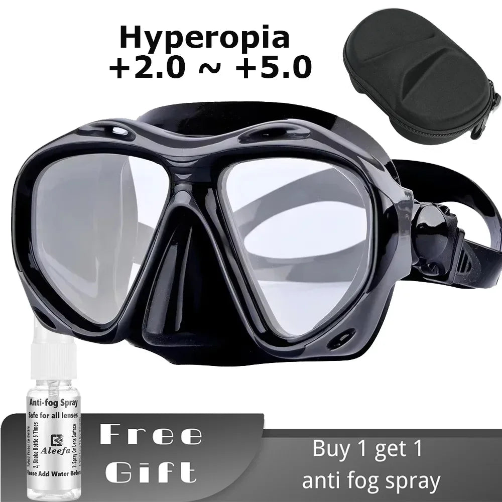 +2.0 to +5.0 Hyperopia Diving Mask  Farsighted   with Tempered Glass Lenses, Gear for Men Women,  Antifog Spray