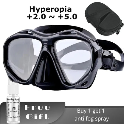 +2.0 to +5.0 Hyperopia Diving Mask  Farsighted   with Tempered Glass Lenses, Gear for Men Women,  Antifog Spray