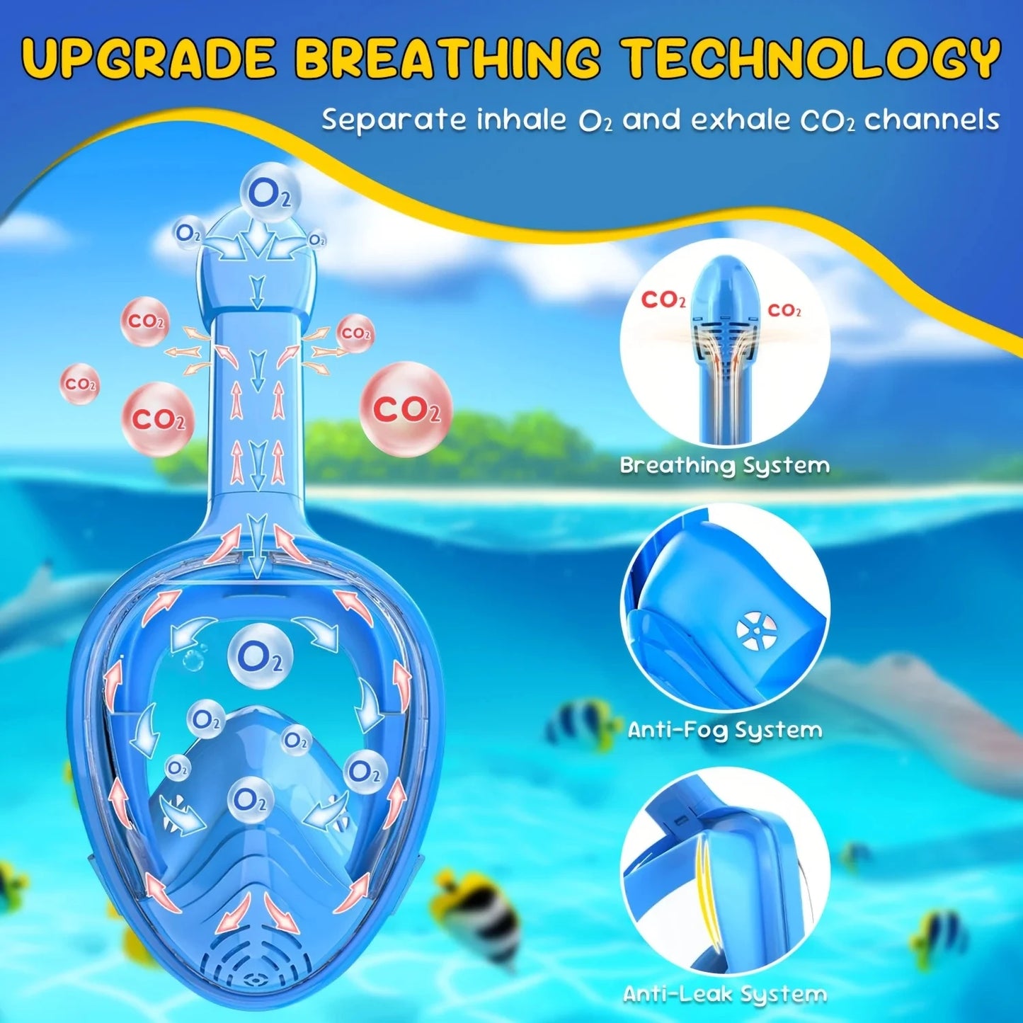 XIAOTREE Children's diving mask, anti-fog and leak-proof, soft silicone design, full-face 360° underwater view